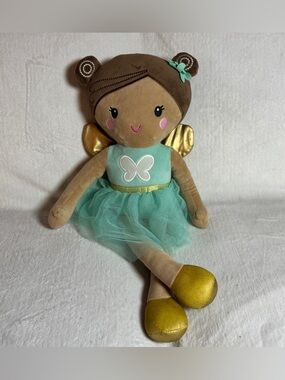 Ballerina Fairy Plush Stuffed Doll Tutu Golden Wings Brown Hair, 22 Inches Tall